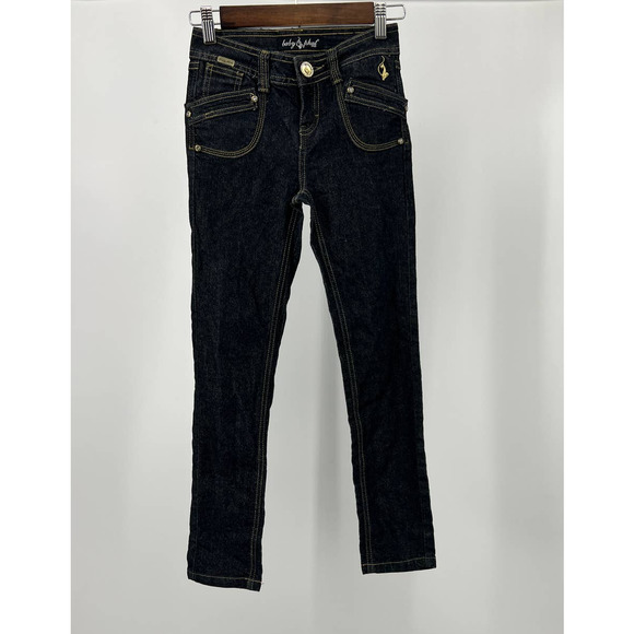 Baby Phat Jeans Dark Wash Metallic Gold Trim Straight Leg Girls Size 8 - Picture 1 of 7
